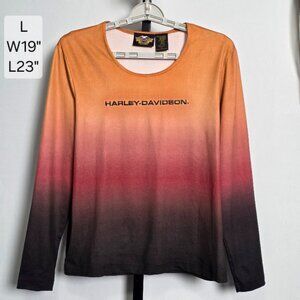 Vintage Harley-Davidson Top Women's Large Sunset Ombre Gradient Orange Black USA